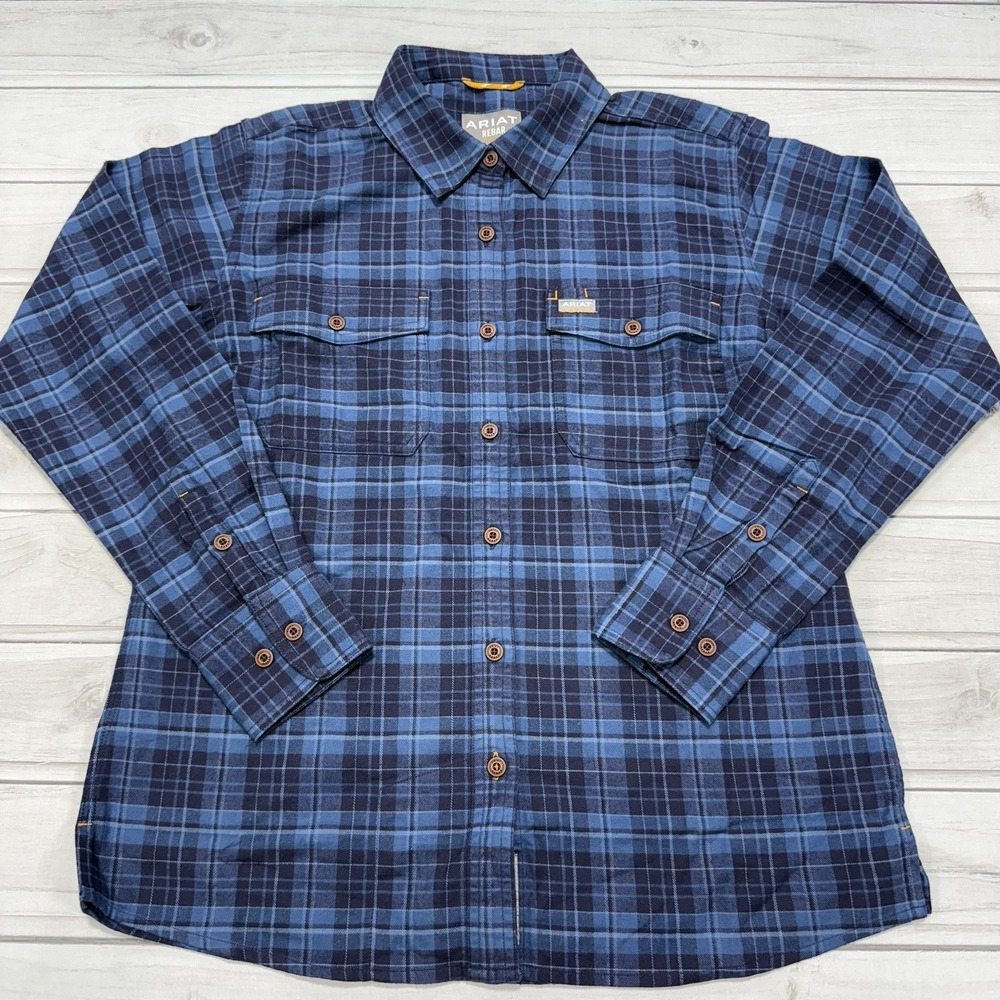 Ariat Rebar Shirt Womens Medium Blue Plaid DuraStretch Flannel Workwear NWOT